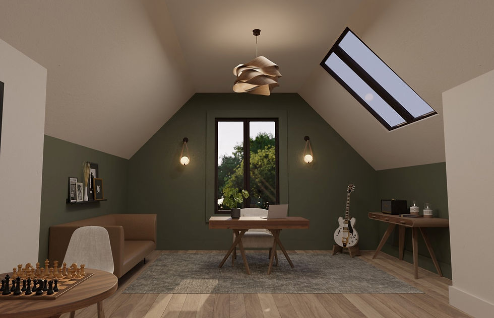 vaulted ceiling office room, desk, guitar, chandelier, green paint, wood floor, chess, games, render, virtual staging, luxury