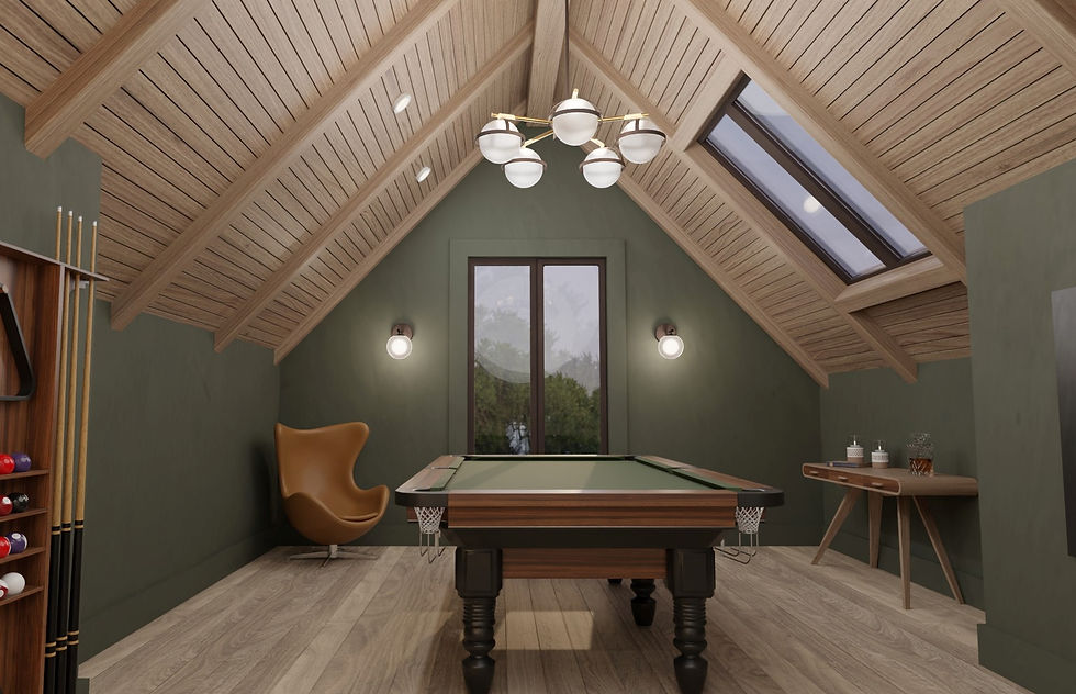 vaulted ceiling loft room with pool table, chandelier, green paint, wood floor, pool cues, render, virtual staging, luxury