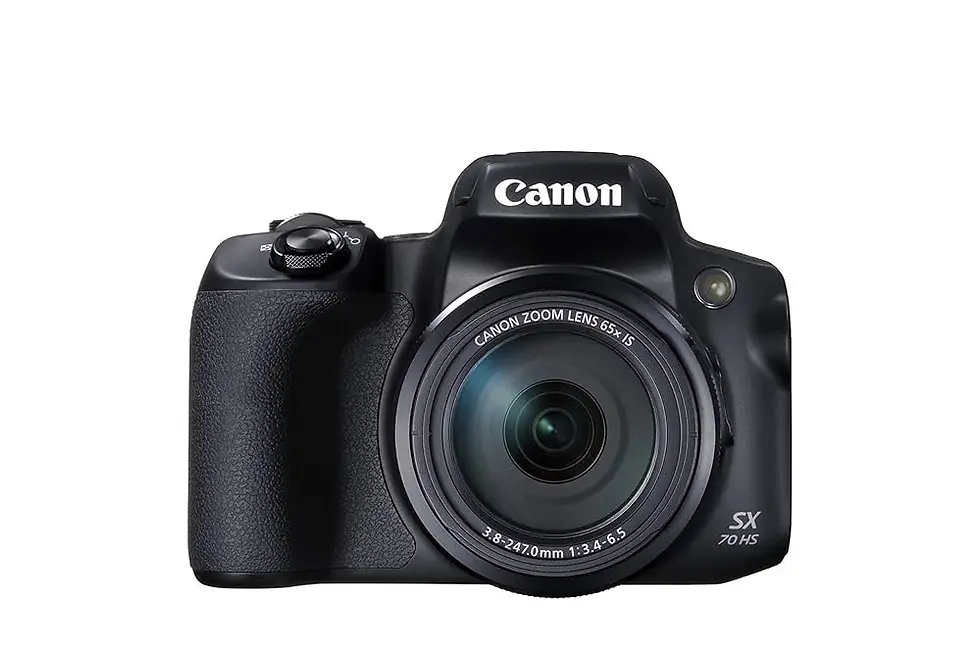 Front view of the Canon PowerShot SX70 HS superzoom camera with a large built-in zoom lens, designed for wildlife and safari photography.