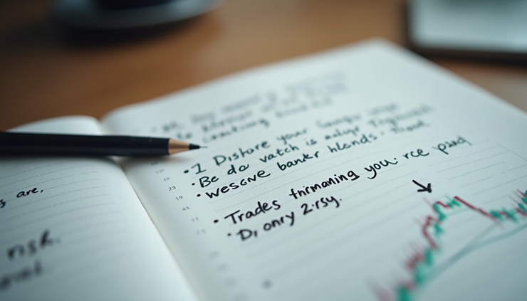 Close-up view of a handwritten trading journal with notes and risk management rules