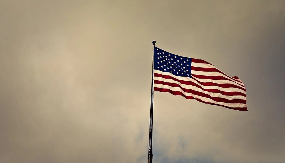 US flag waving on a flagpole against a cloudy sky. The flag's red, white, and blue colors contrast with the muted gray background.