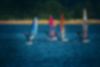 Four windsurfers sail on a blue lake, colorful sails in red, pink, and blue. A green forest lines the horizon under a clear sky.