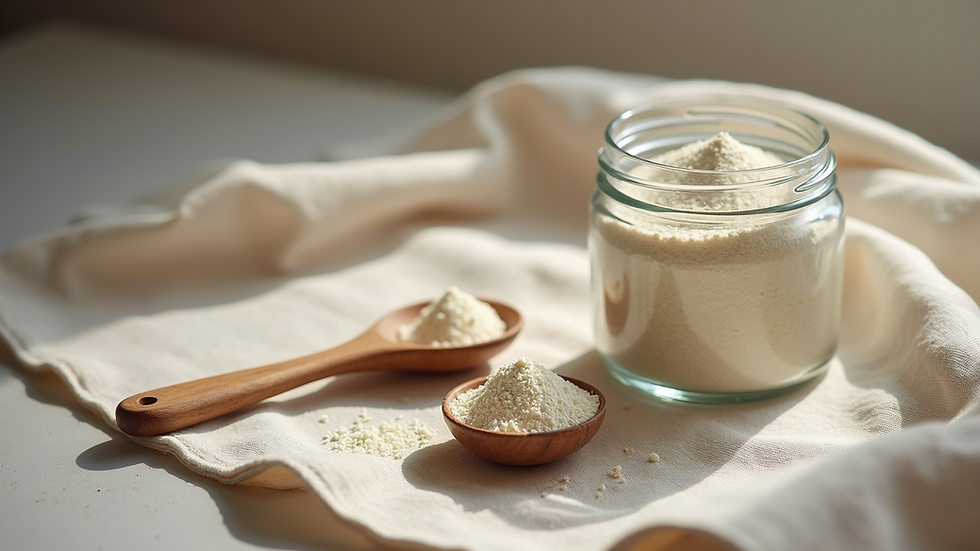 Eye-level view of a jar of pearl powder with a wooden spoon on a natural linen cloth