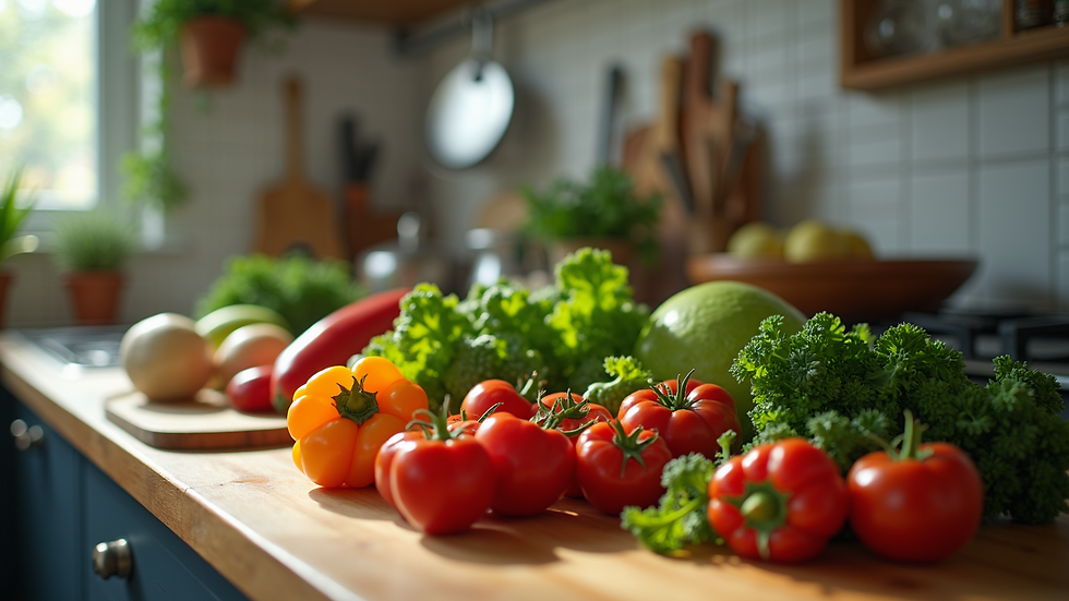 High angle view of a kitchen counter with fresh vegetables and cooking utensils