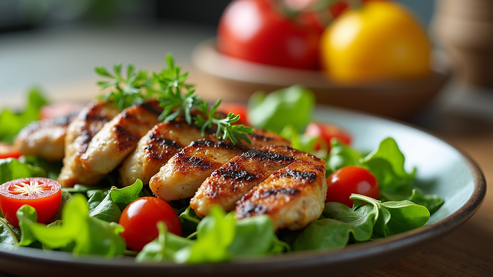Close-up view of a colorful grilled chicken salad with fresh greens