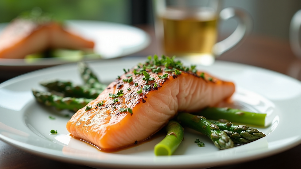 Eye-level view of baked salmon with asparagus on a white plate