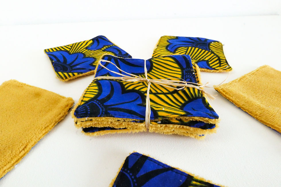 Miniature : Lot de 5 Lingettes/démaquillants lavables en wax et bambou 12x12cm Fleurs bleues