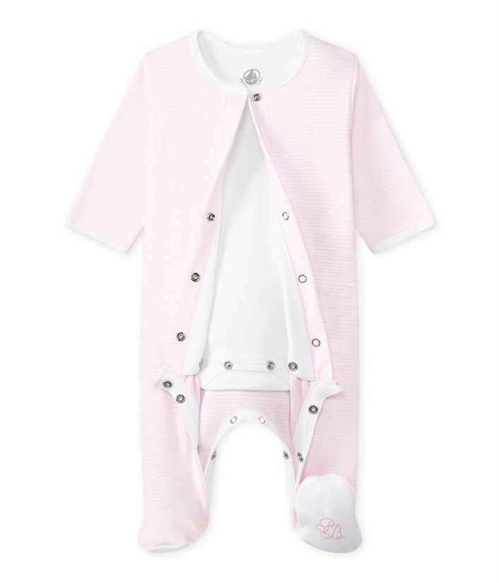 Miniatura: PETIT BATEAU Tutina con piedi e body integrato righe bianco/rosa