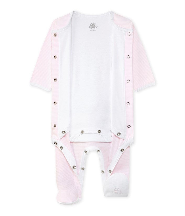 Miniatura: PETIT BATEAU Tutina con piedi e body integrato righe bianco/rosa