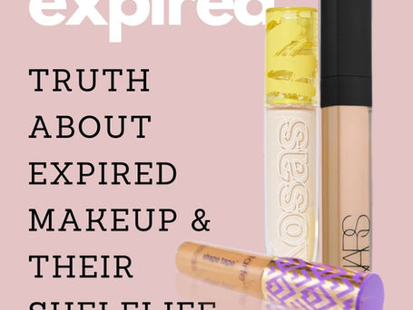 Concealer, mascara and lip gloss against a pink background. Text reads Expired: The Truth About Expired Makeup and Their Shelflife"