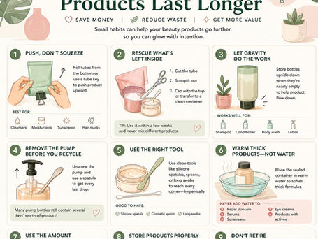 Infographic by Glou titled "Make Your Beauty Products Last Longer" featuring 12 visual tips on saving money and reducing beauty waste through proper product usage and storage.