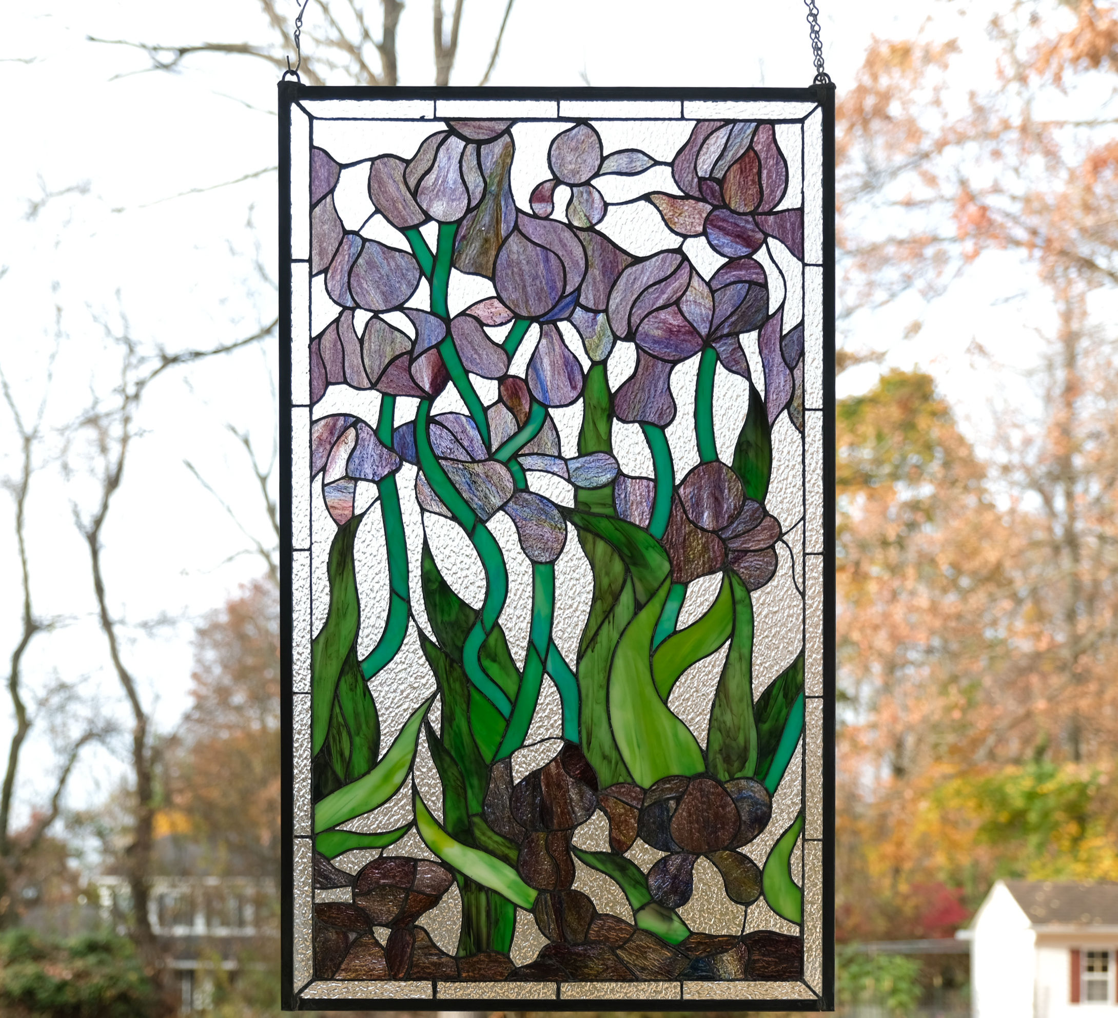 Handcrafted stained glass window panel Iris Flowers 20.5" x 34.25 QA"