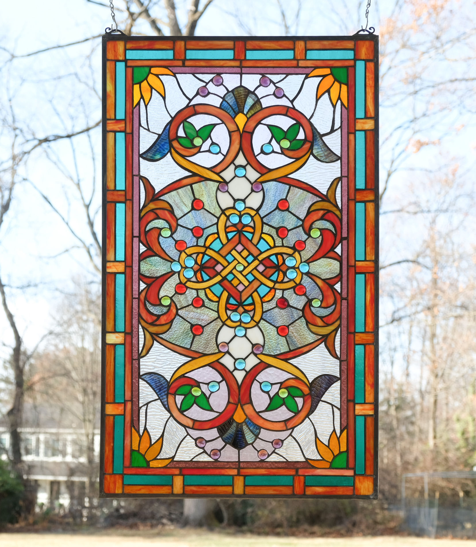 20"W x 33.75"H Handcrafted Jeweled stained glass window panel