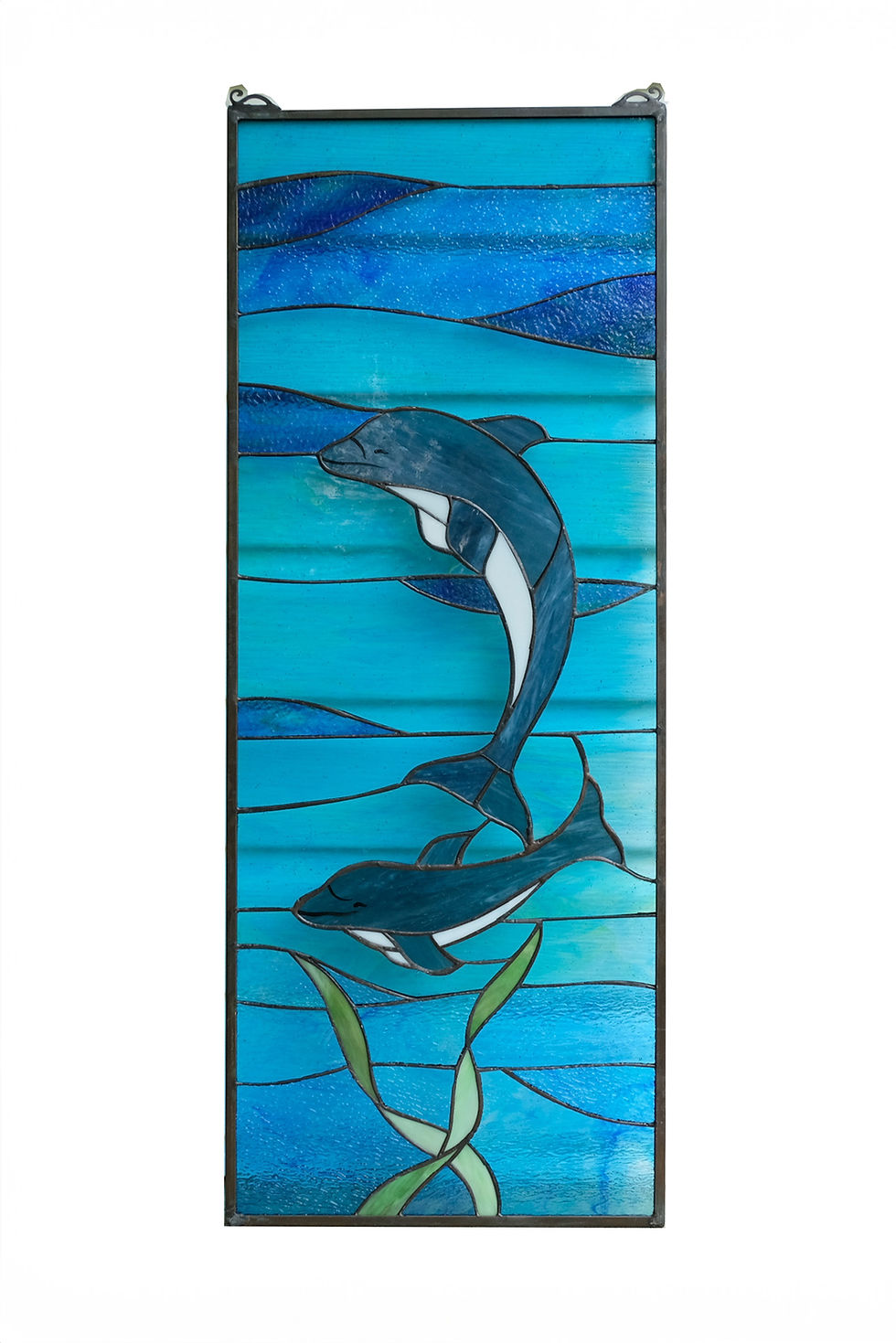 14"W x 36"H Handcrafted Hanging Art stained glass window panel Dolphin Fish HF34