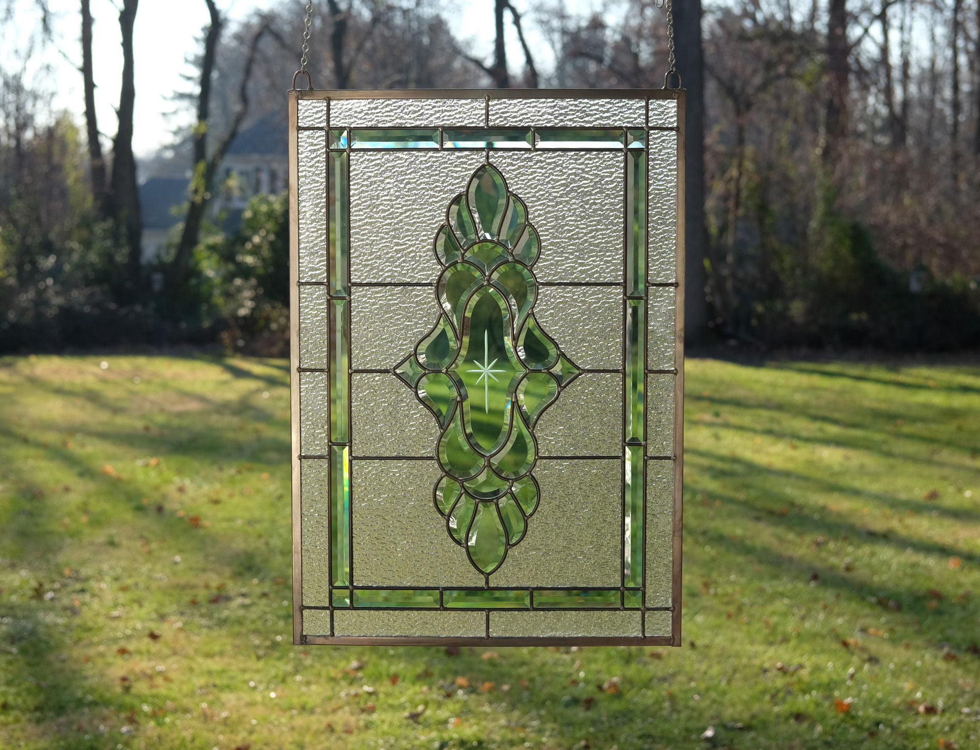 Green Beveled Glass window panel 19" x 27"