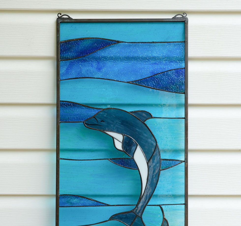 Thumbnail: 14"W x 36"H Handcrafted Hanging Art stained glass window panel Dolphin Fish HF34