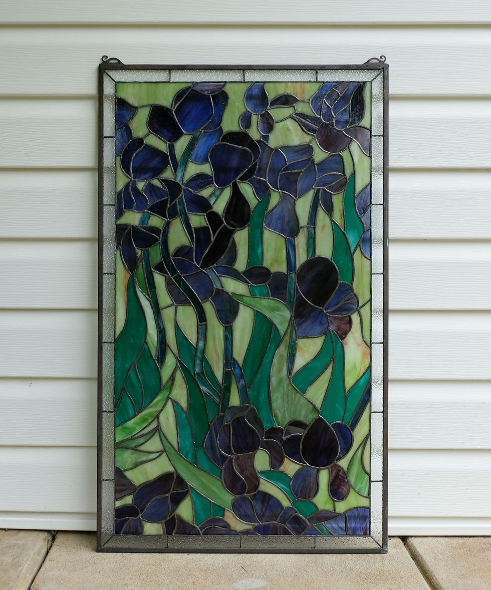Thumbnail: Handcrafted stained glass window panel Iris Flowers 20" x 34"