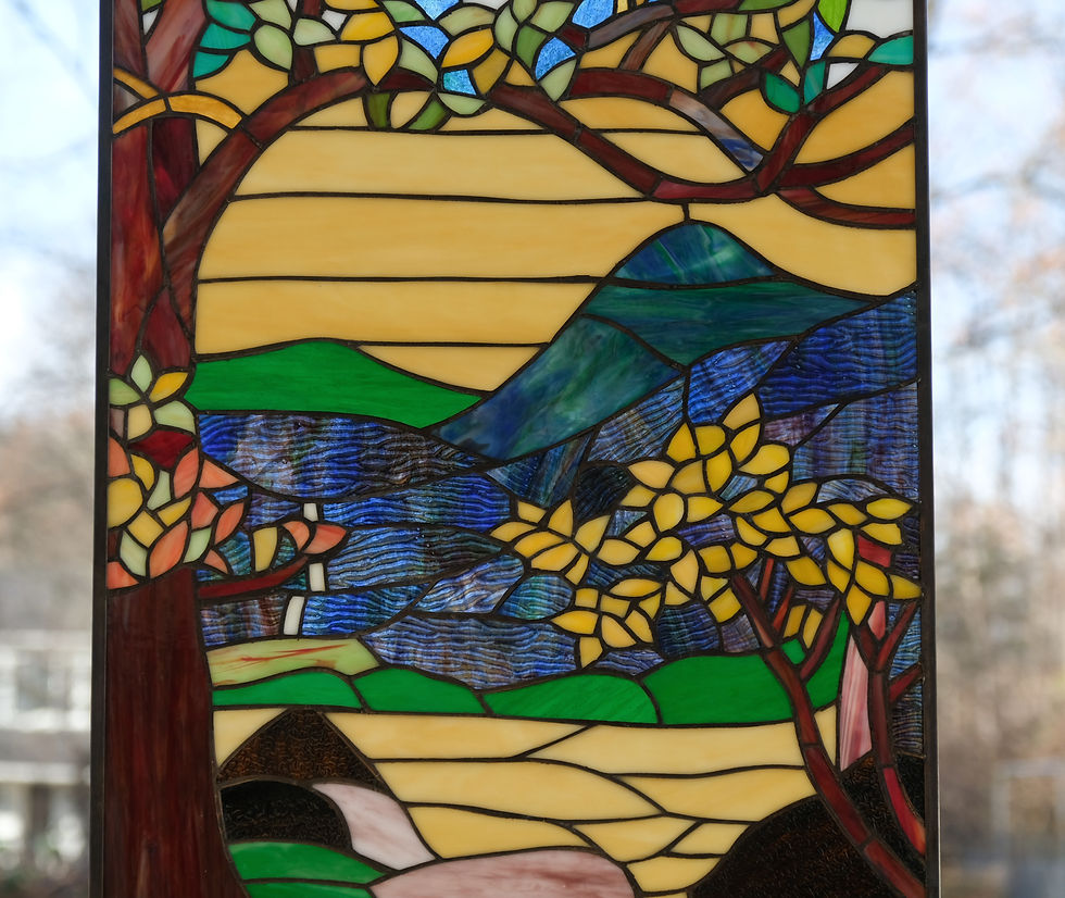 Thumbnail: Tiffany Style stained glass window panel valley view 20" x 33.75"
