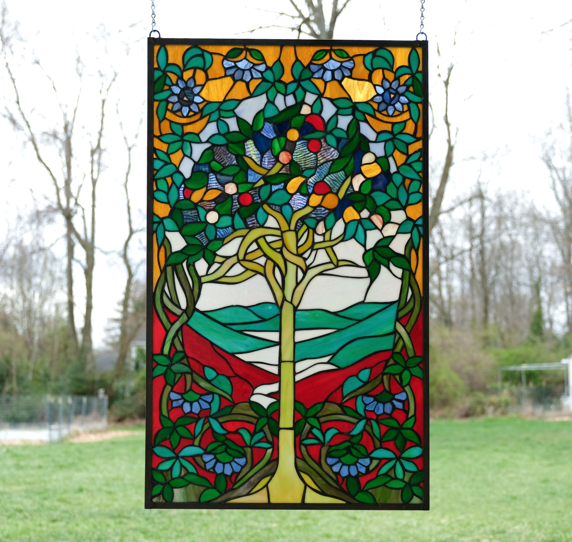 Large Tiffany style stained glass window panel 20" x 34"