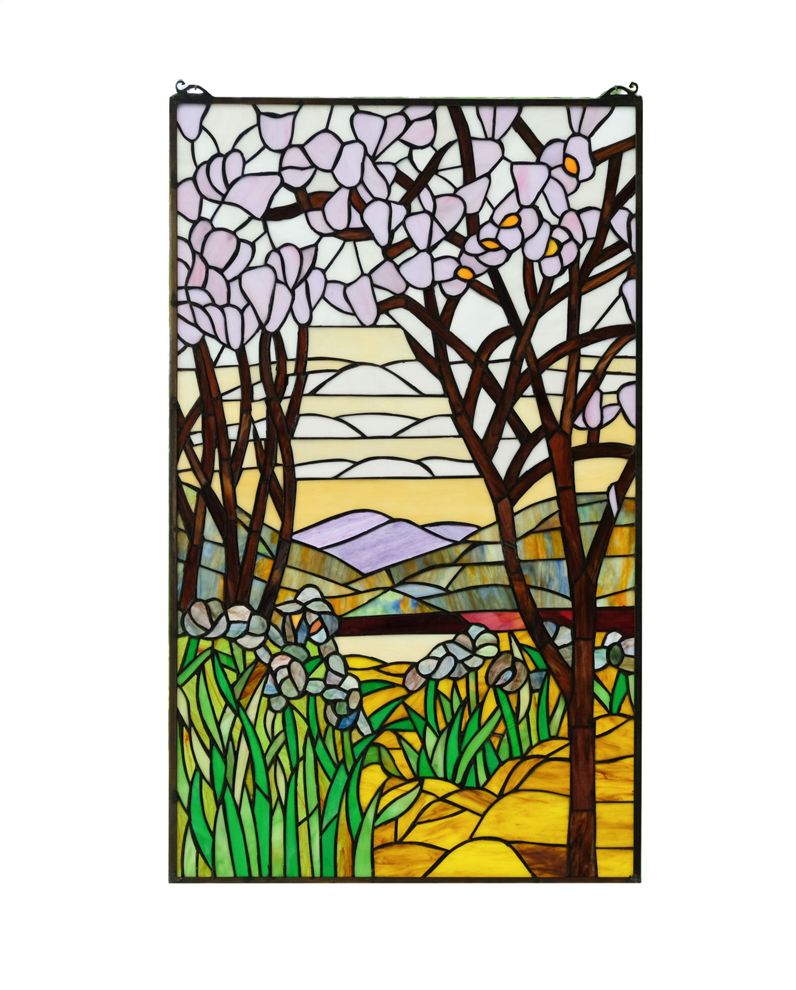 20" x 33.5" Tiffany Style stained glass window panel Dawn in Valley. TMM31
