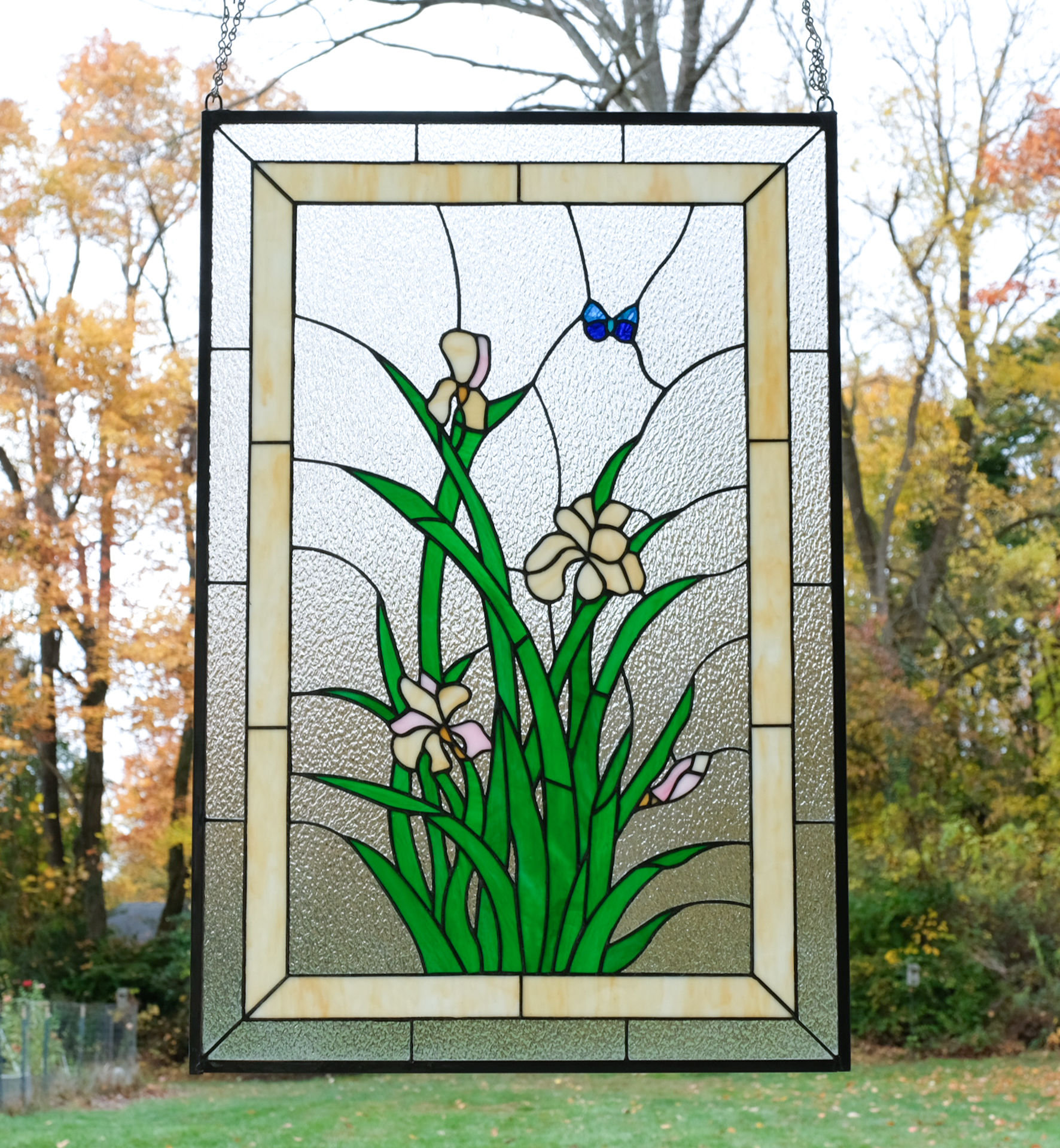 Tiffany Style stained glass hanging window panel iris flower. 24" x 36"