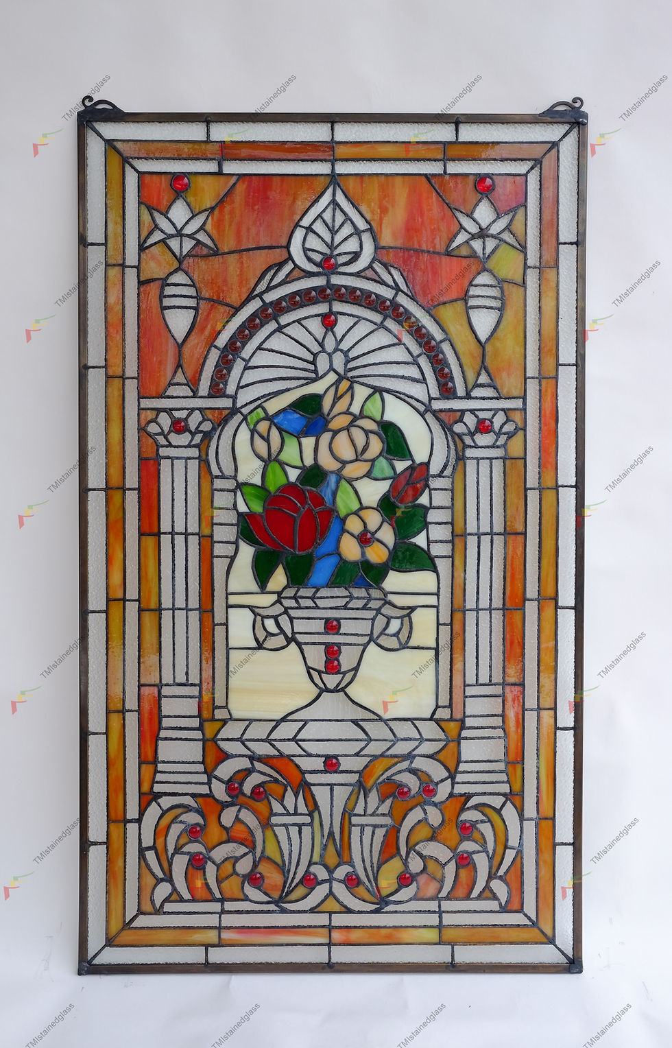 Thumbnail: 20" X 33.75" Flower in vase Tiffany Style stained glass Jeweled window panel