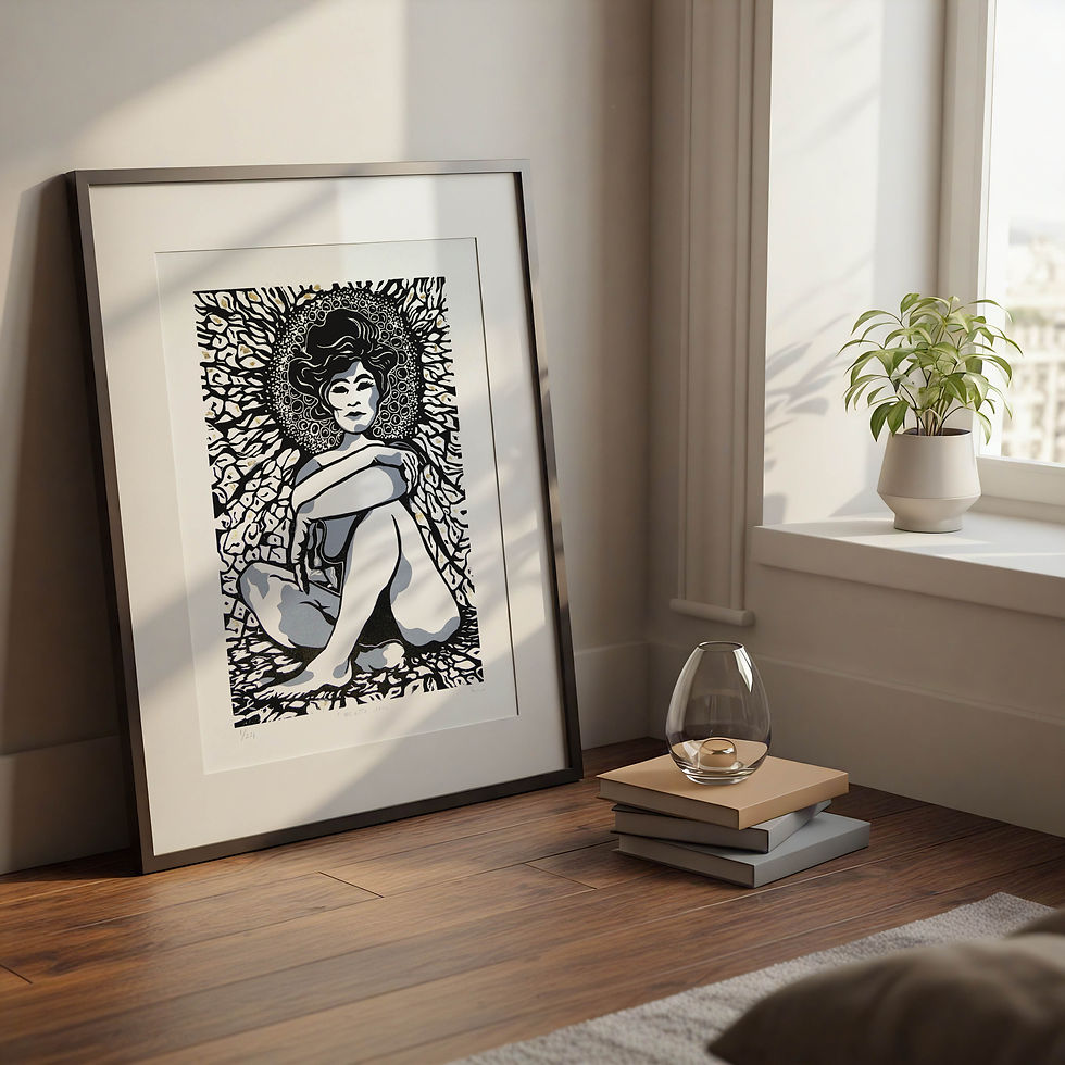 Thumbnail: Framed ‘Waiting’ artwork design is handprinted linocut print, features figurative sitting woman in front of black pattern