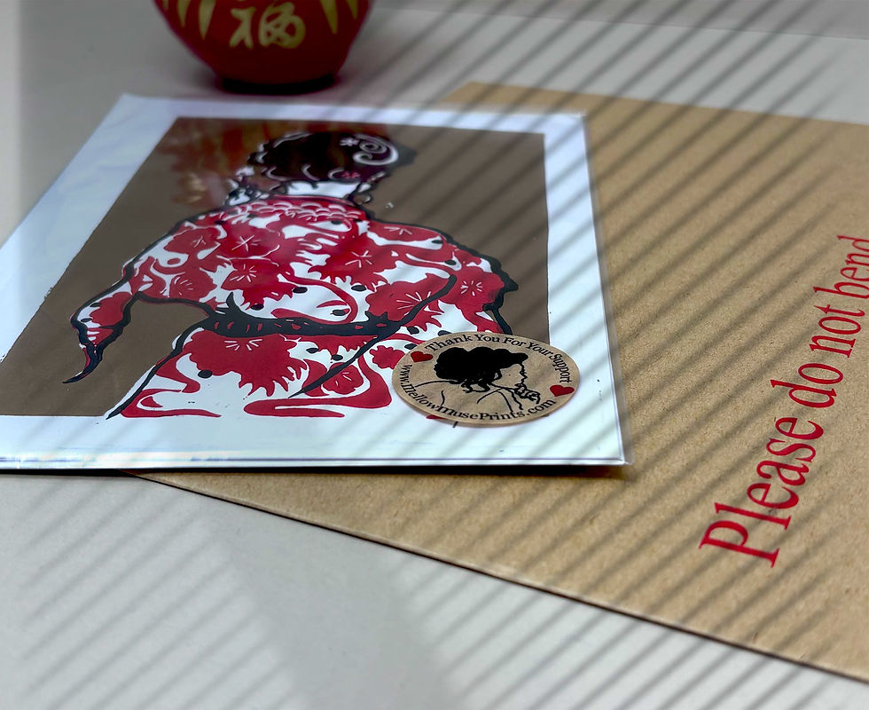 Thumbnail: Beautiful Japanese lady in kimono attire artwork design handprinted on card with envelope by MellowMusePrints