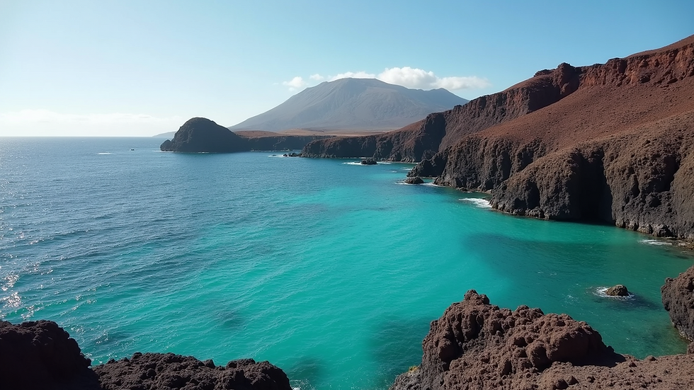 Wide-angle shot of the clear waters and volcanic coast of Lanzarote