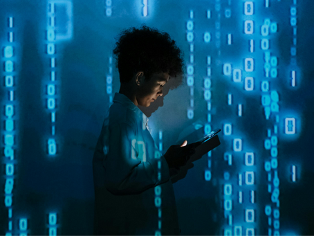 Child holding a tablet surrounded by glowing binary code, symbolizing the energy demands of AI and the digital world.