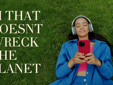 Young woman using a smartphone with large overlay text reading ‘AI that doesn’t wreck our planet,’ promoting Viro AI as an eco-friendly alternative.