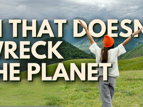 A young woman stands in a green mountain landscape with arms raised, wearing an orange beanie and white shirt. Bold text overlaid reads “AI That Doesn’t Wreck the Planet,” promoting sustainable, eco-friendly AI.