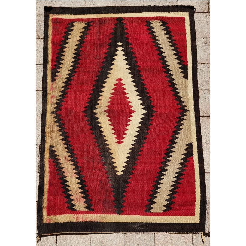 Thumbnail: Pre-1950s Rug: Serrated Concentric Diamonds of Red, White and Brown