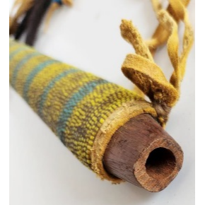 Thumbnail: Tomahawk/Pipe: Beaded Handle, Metal Blade, Carved Details, Heart Cutout