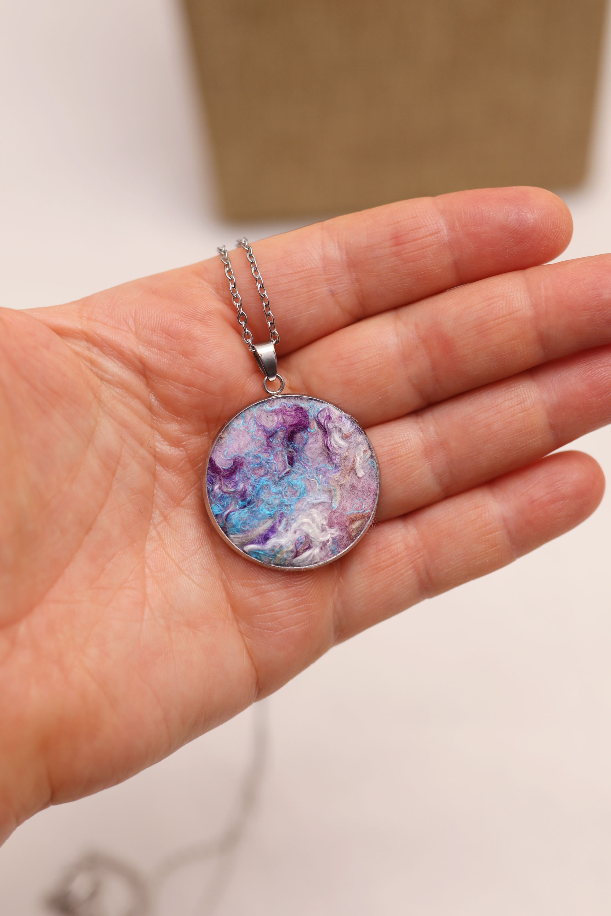 Abstract Felt Necklace – Blue, Purple & White