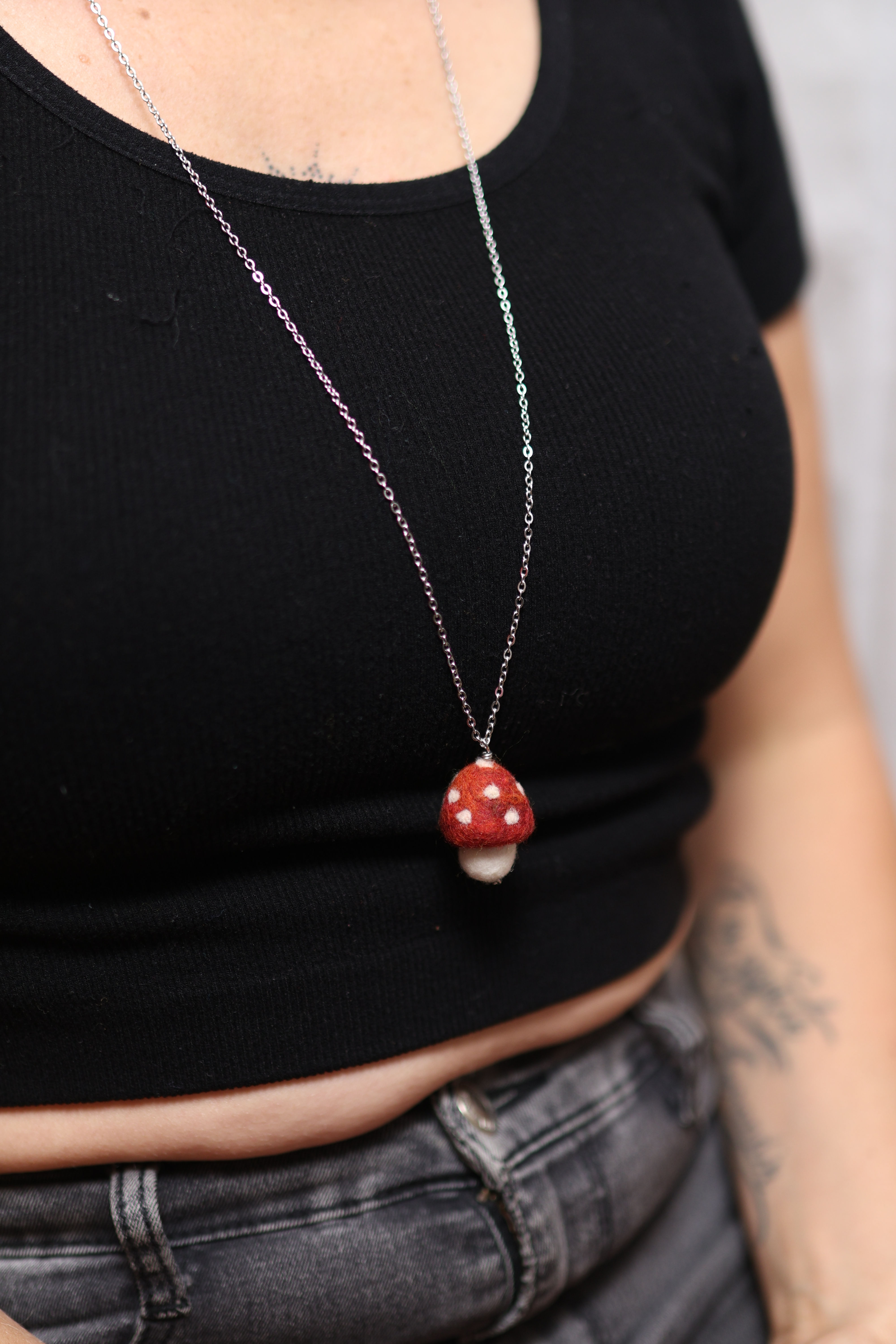Long Red Amanita mushroom Necklace – Merino Wool & Stainless Steel / CCRA