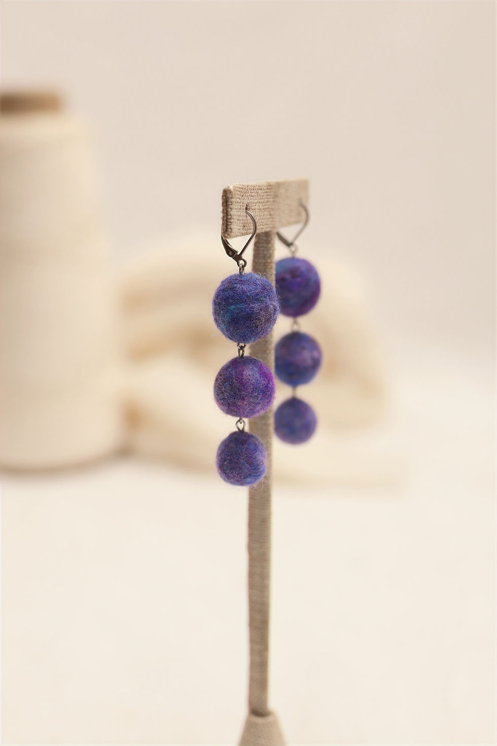 Thumbnail: Blue–Purple Felt Bead Earrings