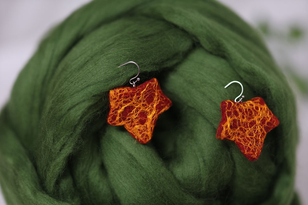 Miniature : Boucles d’oreilles feuilles rouges et orange – Laine & soie (pièce unique) / BLRO