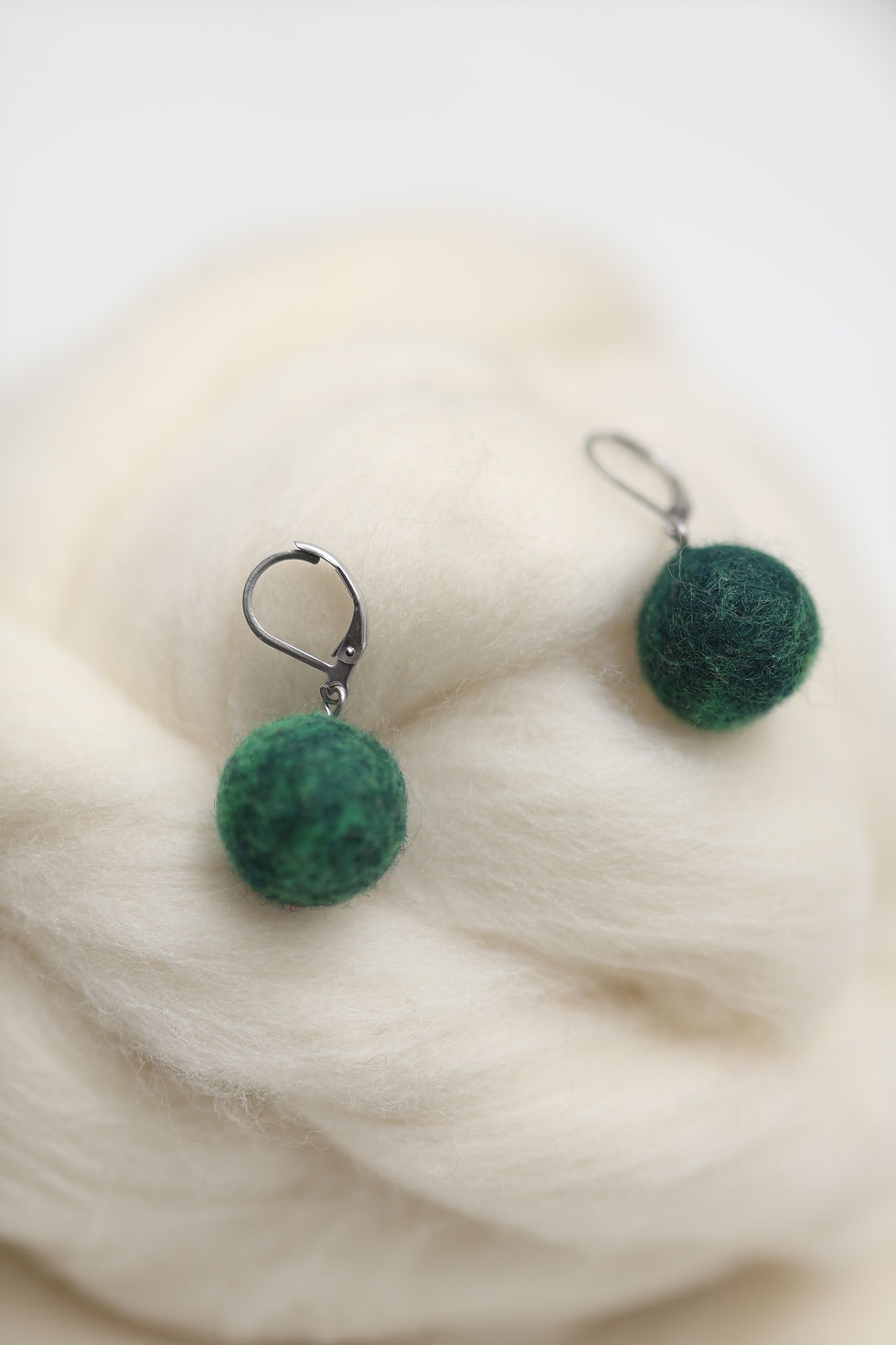 Thumbnail: Large Felted Bead Earrings — Dark Green Merino Wool