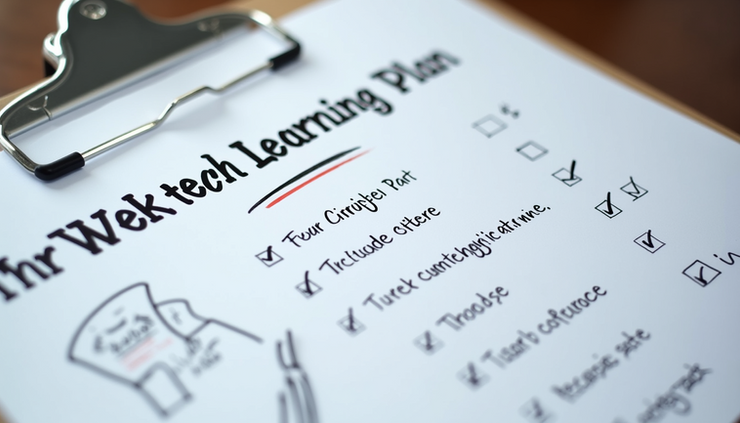 Close-up view of a printed checklist titled 'Weekly Tech Learning Plan' with handwritten notes