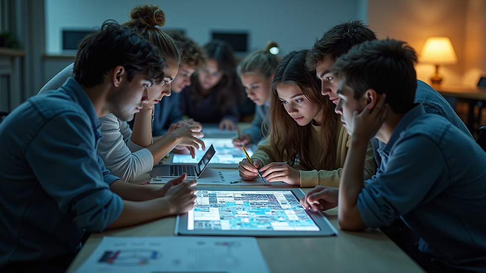 High angle view of a group of young people collaborating on a tech project
