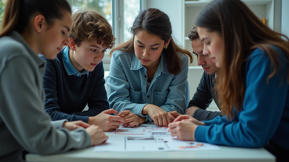 High angle view of a group of young people collaborating on a tech project