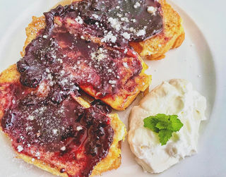 Vanilla Brioche French Toast with Blueberry Lavender Preserves and Homemade Whipped Cream