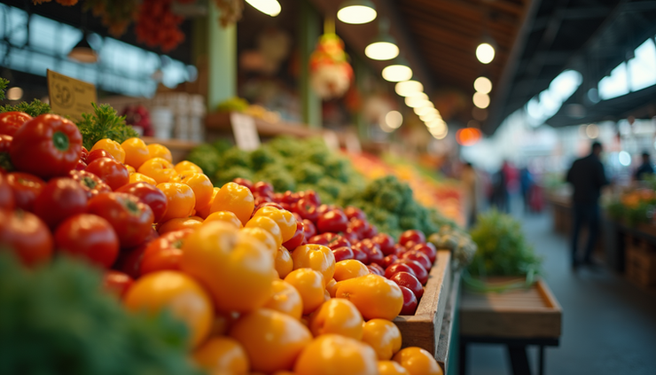 Eye-level view of a fresh vegetable market stall with colorful fruits and vegetables