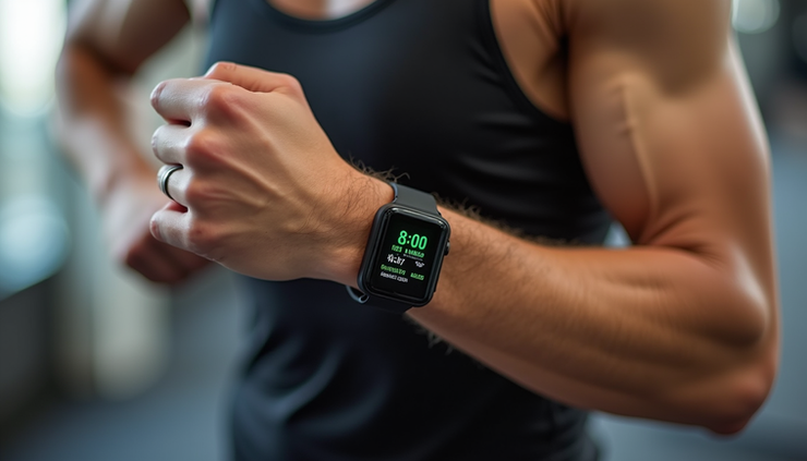 High angle view of a smart fitness device displaying muscle activity during combined exercises