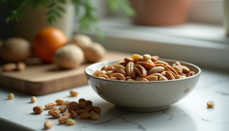 Eye-level view of a bowl with nuts and seeds rich in zinc