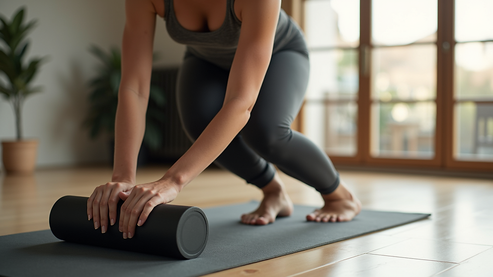 Wide angle view of a person foam rolling on a yoga mat