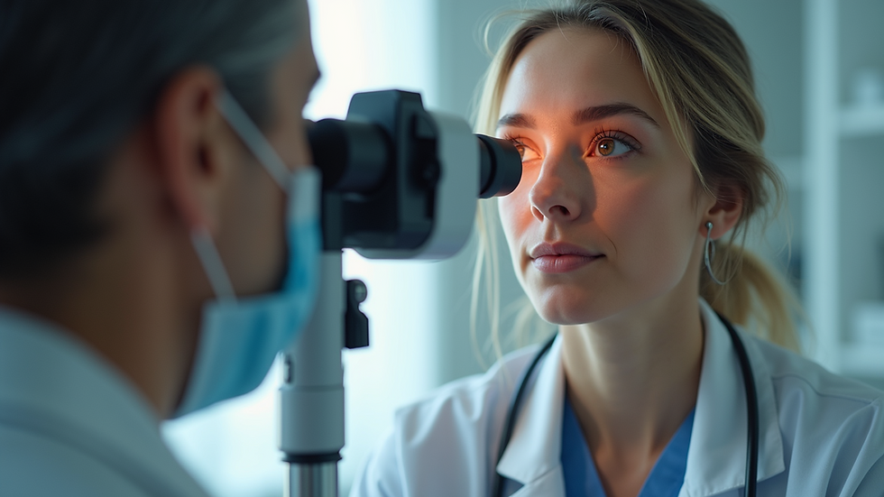 Close-up view of a medical professional examining an eye