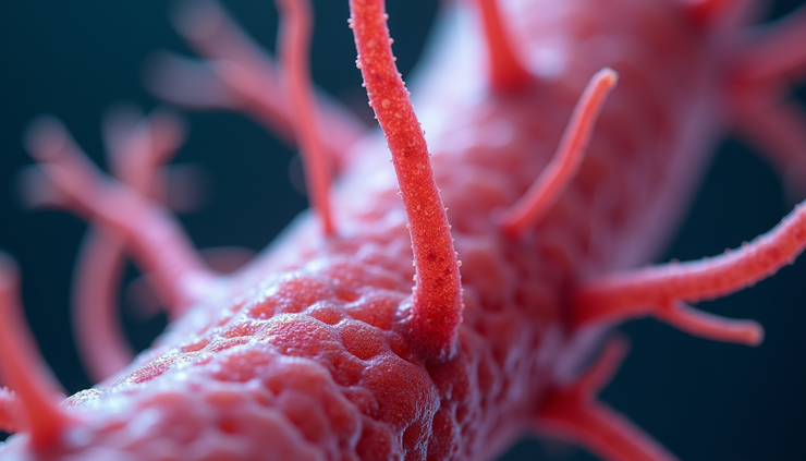 Close-up view of nerve fibers under microscope showing inflammation