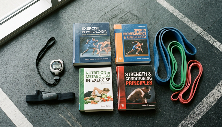 Overhead view of exercise science textbooks, a stopwatch, and resistance bands on a gym floor